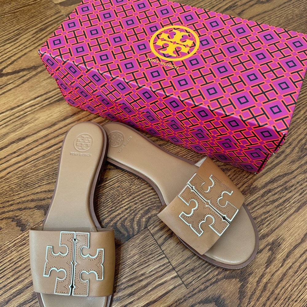 Tory Burch Tan Leather Logo Slide Sandals